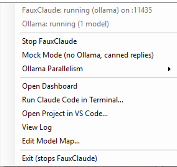 FauxClaude system tray context menu on Windows, showing the same items as the Mac menu